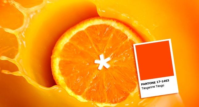 Orange color swatch of tangerine tango over an orange splashing into orange juice